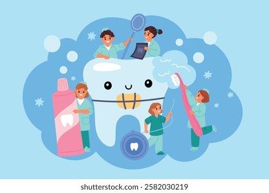 Tiny dentists treat big tooth. Small kids doctors. Children take oral care. Hygiene education. Girls cleaning molar with paste and brush. Boys use floss for braces