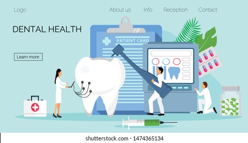 Tiny dentists work, treat illness tooth. Dental health vector concept for landing page, banner, poster. Professionals with stomatology drill tool help toothache, whitening enamel or recovery implant.