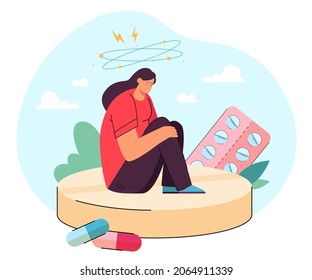 Tiny, depressed woman with anxiety sitting on large pill surrounded by drugs. Antidepressant addict girl flat vector illustration. Hormonal mood, depression, placebo, health problem concept