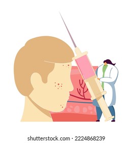 Diminuto dermatólogo examinando la piel facial. Doctor tratando la inflamación, enorme ilustración de la cara plana vectorial. Dermatología, concepto de cosmetología para banner, diseño de sitios web
