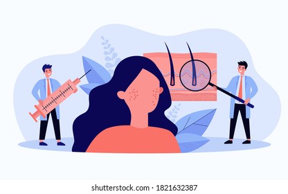 Tiny dermatologists curing epidermis illness flat vector illustration. Cartoon abstract doctors giving diagnostics to patient with dry face. Dermatology, cosmetology and skin inflammation concept