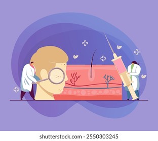 Tiny dermatologists examining facial skin. Doctors treating inflammation, huge face flat vector illustration. Dermatology, cosmetology concept for banner, website design or landing web page