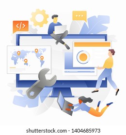 Tiny developers with blocks and laptops around big monitor. Vector metaphor of web development.