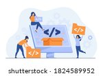 Tiny developers programming website for internet platform flat vector illustration. Cartoon programmers near screen with open code or script. Software development and digital technology concept