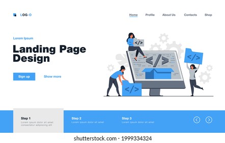 Tiny developers programming website for internet platform flat vector illustration. Cartoon programmers near screen with open code or script. Software development and digital technology concept