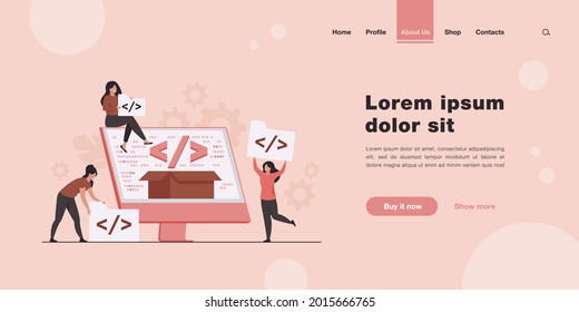 Tiny developers programming website for internet platform flat vector illustration. Cartoon programmers near screen with open code or script. Software development and digital technology concept