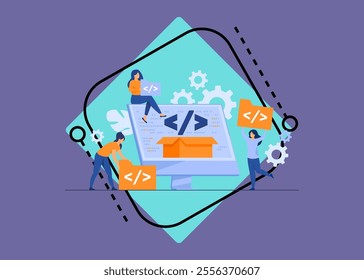 Tiny developers programming website for internet platform flat vector illustration. Cartoon programmers near screen with open code or script. Software development and digital technology concept