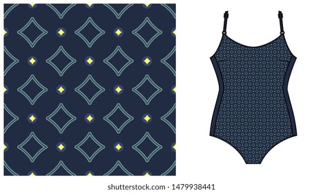 Tiny diamonds and circles allover motif. Simple geometric shapes arrangement in blue, yellow, mint green colors. Swimwear template with fabric patch. Square rapport print block for apparel textile.