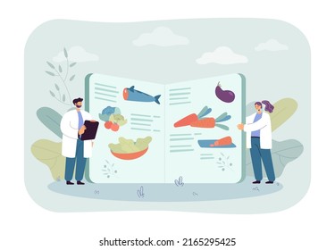 Tiny dieticians standing near giant food recipe book. Man and woman offering healthy meal flat vector illustration. Cookbook, culinary, diet concept for banner, website design or landing web page