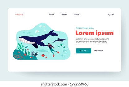 Tiny diver swimming underwater isolated flat vector illustration. Cartoon character near big whale and tropical fishes. Marine fauna exploration and ocean wildlife concept