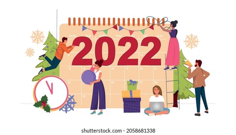 Tiny diverse people are preparing for the new year, are engaged in decoration, corporate in the office. Inscription New Year 2022 on calendar. Friends celebrate Christmas together vector illustration.