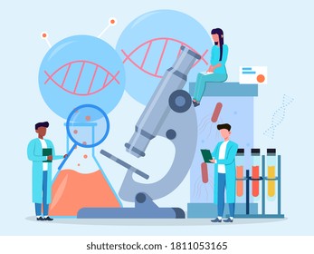 Tiny diverse scientists are studying the covid-19 virus under a giant microscope. Vaccine development concept