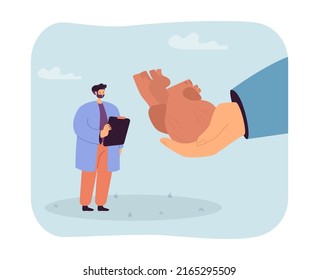 Tiny doctor cardiologist checking heart and circulatory health. Giant hand holding human organ flat vector illustration. Cardiovascular disease concept for banner, website design or landing web page