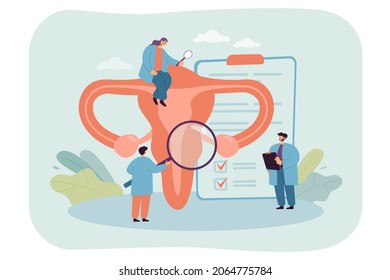 Tiny Doctor Cartoon Characters Examining Female Uterus. Endometriosis Treatment, Vaginal Health Flat Vector Illustration. Infertility, Medicine, Gynecology Concept For Banner Or Landing Web Page