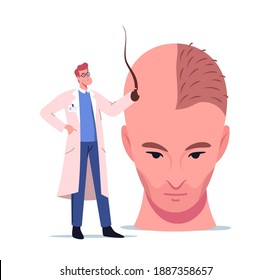 Tiny Doctor Character Holding Follicle Prepare Huge Male Head for Hair Transplantation Procedure, Plastic Surgery, Hair Loss and Receding Man Health Problem. Cartoon People Vector Illustration