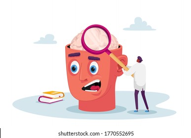 Tiny Doctor Character with Huge Magnifying Glass Learning Diseased Human Brain, Patient with Mental Problem Therapy and Medical Support. Psychiatric Clinic or Institute. Cartoon Vector Illustration