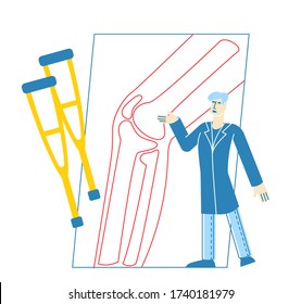 Tiny Doctor Character Orthopedist in Robe Uniform Pointing on Huge X-ray Picture with Knee Joint Bones. Healthcare, Hospital, Physician Specialist in Clinic, Appointment. Linear Vector Illustration