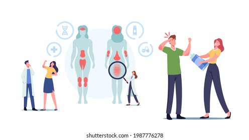 Pequeño personaje médico muestra las áreas afectadas por la psoriasis en el cuerpo humano. Enfermedad Cutánea Autoinmune. Estructura etiquetada con escalas, vasos sanguíneos simples, amplificados y torcidos. Ilustración de vectores de personas de caricatura