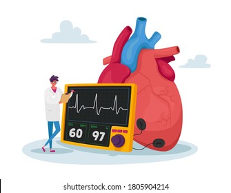 Pequeño personaje de doctor en enorme nivel de pulso y colesterol medido por el corazón humano con dispositivo para diagnóstico y tratamiento. Medicina de Cardiología, Atención de Salud. Ilustración de vectores de personas de caricatura