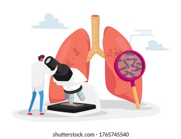 Tiny Doctor Character Watching to Microscope Learning Microbes, Checking Lungs Sputum on Pulmonology, Fibrosis Tuberculosis Pneumonia Bacteria and Germs, Cancer Diagnosis. Cartoon Vector Illustration