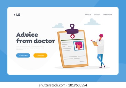 Tiny Doctor Character Write Diagnose for Diabetes Patient for Treatment Landing Page Template. Glucose Level or Schedule for Drug Applying Controlling Sugar in Blood. Cartoon Vector Illustration