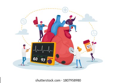 Tiny Doctor Characters with Drugs and Equipment at Huge Human Heart Measure Pulse and Cholesterol Level for Diagnose and Treatment. Cardiology Health Care, Medicine. Cartoon People Vector Illustration