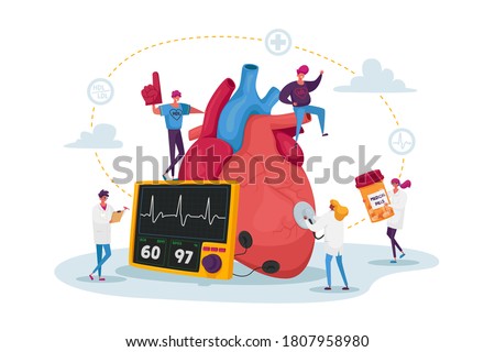Tiny Doctor Characters with Drugs and Equipment at Huge Human Heart Measure Pulse and Cholesterol Level for Diagnose and Treatment. Cardiology Health Care, Medicine. Cartoon People Vector Illustration