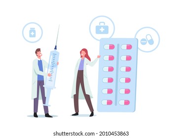 Tiny Doctor Characters in Medical Robe Holding Huge Syringe and Pills Medication Tablets in Blister. Disease Treatment in Clinic or Hospital, Healthcare Medicine Concept. Cartoon Vector Illustration