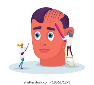 Tiny Doctor Characters Prepare Huge Male Head for Hair Transplantation Procedure, Painting Markup Lines for Plastic Surgery, Hair Loss and Receding Health Problem. Cartoon People Vector Illustration