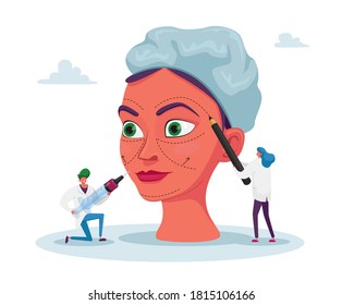 Winzige Ärzte, die Frauen für die plastische Chirurgie vorbereiten, Linien auf Gesicht zeichnen und Injektionen geben, Mesotherapie Kosmetik-Verfahren. Schönheits-Medizin-Industrie. Vektorgrafik von Cartoon People