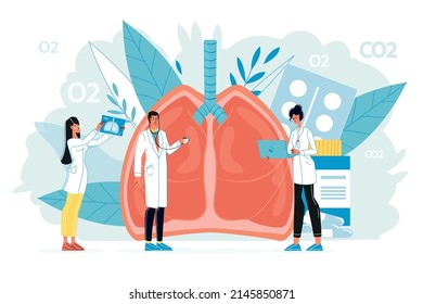 Tiny Doctor Examining Giant Lungs Respiratory System. Medic Pulmonology Specialist Team Testing Patient On Pneumonia, Tuberculosis Or Coronavirus Complications