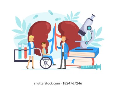 Tiny Doctor Examining Huge Human Kidneys, Doctor Treating Patient in Wheelchair Flat Vector Illustration