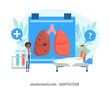 Tiny Doctor untersucht riesige menschliche Lungen von Patient, Krankheit und Behandlung von internen Organ Flat Vektor Illustration