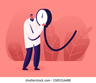 Tiny Doctor Holding Huge Manometer Device, Part of Tonometer for Checking Systolic and Diastolic and Measuring Arterial Blood Pressure. Cardiology Diseases Concept. Cartoon Flat Vector Illustration