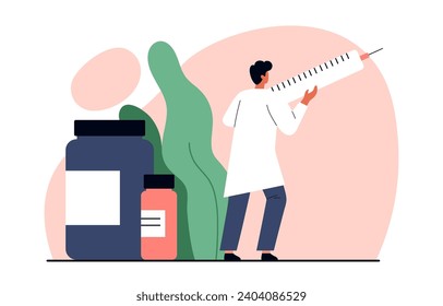 Tiny doctor holding syringe for injection. Doctor with medications. Medicine, treatment, and health care concept. Vector illustration in cartoon style. Isolated on white background.