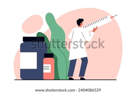 Tiny doctor holding syringe for injection. Doctor with medications. Medicine, treatment, and health care concept. Vector illustration in cartoon style. Isolated on white background.