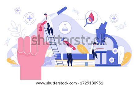 Tiny doctor making blood laboratory analysis medical test experiment. Human hand, glassware, microscope. Healthcare, scientific chemistry lab. Disease diagnosis, treatment strategy development