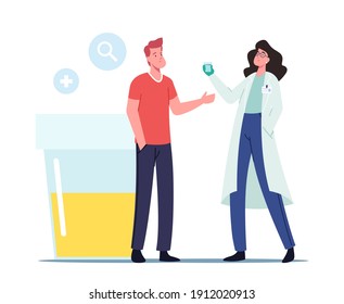 Tiny Doctor and Patient Characters Stand at Huge Plastic Container with Urine Sample. Man Give Test for Disease Check Up in Hospital or Clinical Laboratory. Cartoon People Vector Illustration
