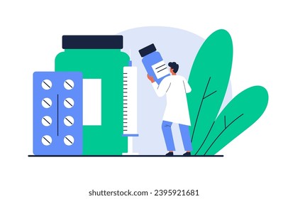 Tiny doctor pharmacist with medication: pills and bottles. Medicine, treatment, and pharmacy store concept. Pharmacy business. Vector illustration in cartoon style. Isolated on white background.