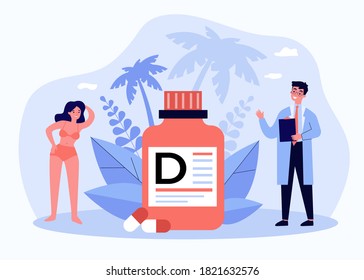 Tiny doctor recommending vitamin D for wellbeing flat vector illustration. Cartoon people getting medicine in nutrient deficiency. Food supplement and health care concept