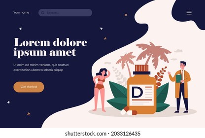 Tiny doctor recommending vitamin D for wellbeing flat vector illustration. Cartoon people getting medicine in nutrient deficiency. Food supplement and health care concept