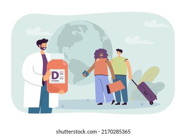Tiny doctor recommending vitamin D to tourists. Food supplement in nutrient deficiency for man and woman flat vector illustration. Health, travel concept for banner, website design or landing web page