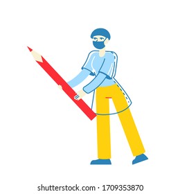 Tiny Doctor Surgeon Character Hold Huge Red Marker for Patient Nose Examination before Rhinoplasty Surgery and Drawing on Face. Medical Aid, Healthcare Cosmetology Concept. Linear Vector Illustration