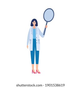 Tiny doctor in uniform coat female cartoon character standing with magnifier. Healthcare medical examination, flat vector illustration isolated on white background.