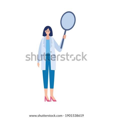 Tiny doctor in uniform coat female cartoon character standing with magnifier. Healthcare medical examination, flat vector illustration isolated on white background.