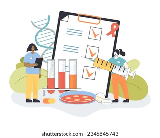 Tiny doctors with cancer vaccine syringe vector illustration. Cartoon drawing of medical professionals with laboratory equipment and medication. Disease, health, medicine, vaccination concept