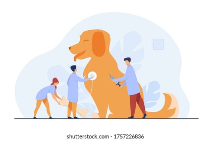 Tiny Doctors Caring Dog In Vet Office Flat Vector Illustration. Modern Animal Clinic Or Hospital. Animals, Pets And Veterinary Service Concept