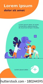 Tiny doctors caring dog in vet office flat vector illustration. Modern animal clinic or hospital. Animals, pets and veterinary service concept