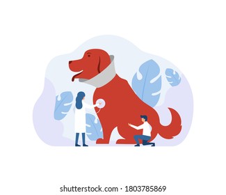 Tiny doctors caring dog in vet office flat vector illustration. Modern animal clinic or hospital. Animals, pets and veterinary service concept