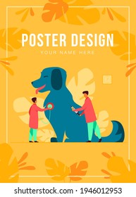 Tiny doctors caring dog in vet office flat vector illustration. Modern animal clinic or hospital. Animals, pets and veterinary service concept